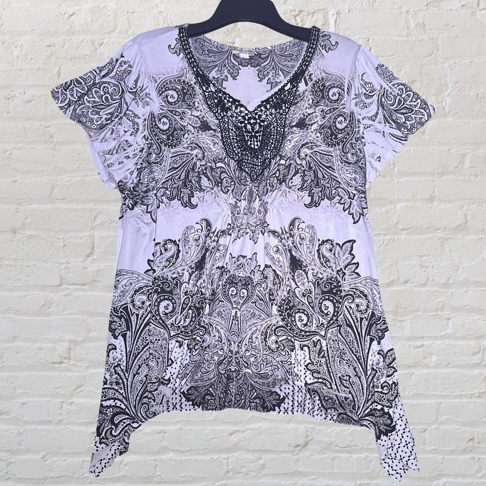 World Unity Womens Tunic Blouse 2X Paisley Artsy Asymmetrical Crochet Rhinestone